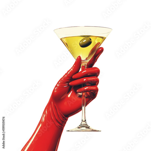 Bright red gloved hand holds a martini glass with olive photo