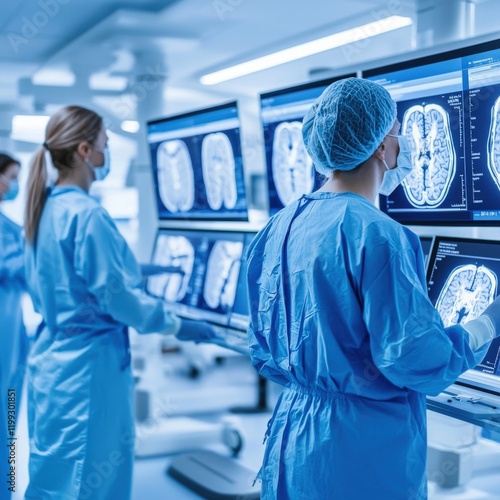 Medical Team Analyzing Brain Scans on Digital Displays in Modern Hospital Environment
