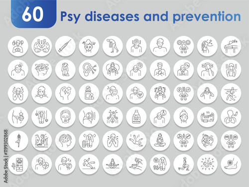 Psy diseases and prevention black line icons set. Infographics with symbols.
