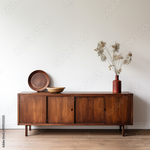 Mid Century Modern Sideboard with Dried Flowers  Wooden Bowls