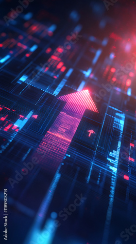 Red arrow rising on digital circuit board, symbolizing growth, progress, and success in technology or finance