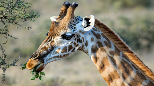 Close-up of a giraffe eating leaves from a tree in a savannah setting under bright sunlight with sharp focus on its detailed patterned coat