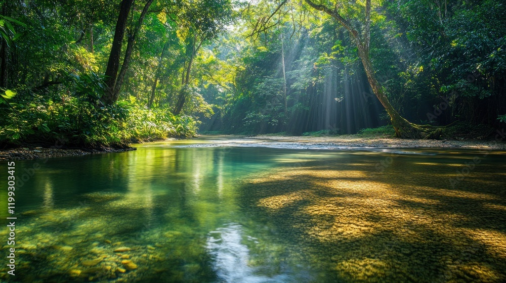 Sunbeams Illuminate Serene River in Lush Forest Sunbeams Illuminate Serene River in Lush Forest