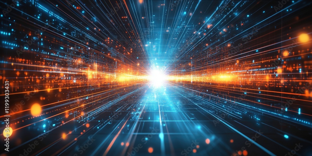 Fototapeta premium Digital Speed of Light: Abstract digital art depicting a futuristic cityscape with glowing lines of light converging towards a bright center.