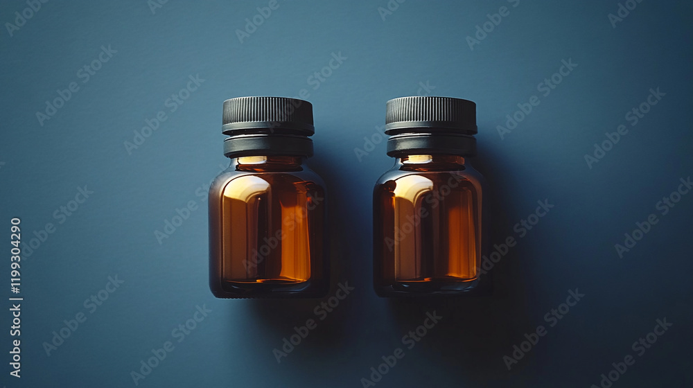 Brown glass bottles filled with liquid displayed on a dark blue surface in soft lighting Brown glass bottles filled with liquid displayed on a dark blue surface in soft lighting