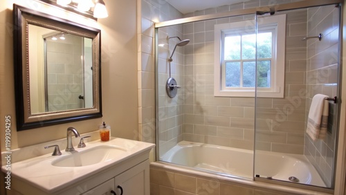 Modern Bathroom with Glass Shower Enclosure, White Sink, and Ornate Mirror