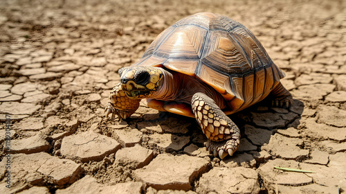 Close-up of a tortoise walking on a dry, cracked soil surface with detailed textures on its shell and natural environment photo