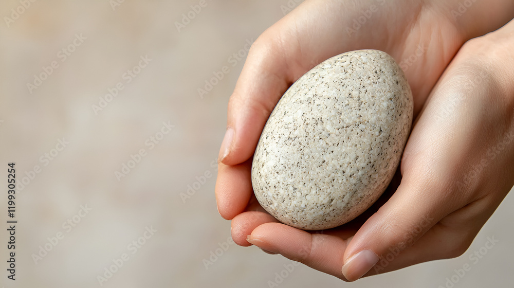 Close-up of hands gently holding a smooth, speckled stone. A calming and serene image. Close-up of hands gently holding a smooth, speckled stone. A calming and serene image.