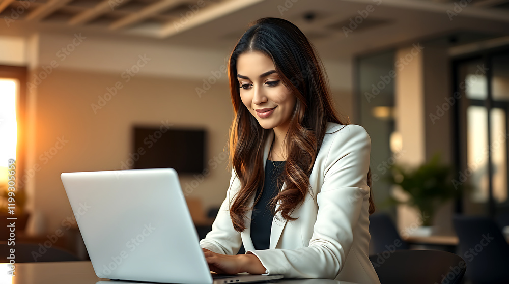 young businesswoman working on a laptop in an office young businesswoman working on a laptop in an office