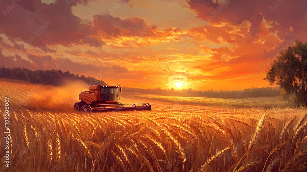 Fototapeta premium Harvester Working Golden Wheat Field Sunset Landscape