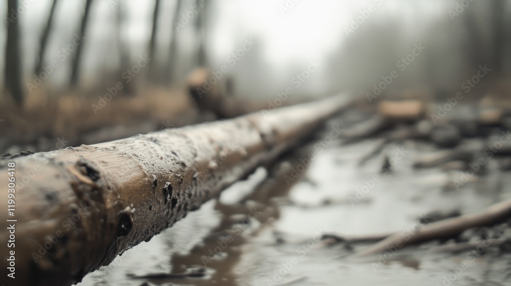 Close-up of a frost-covered log lying across a muddy stream in a misty forest. Close-up of a frost-covered log lying across a muddy stream in a misty forest.
