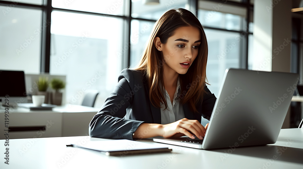 young businesswoman working on a laptop in an office young businesswoman working on a laptop in an office
