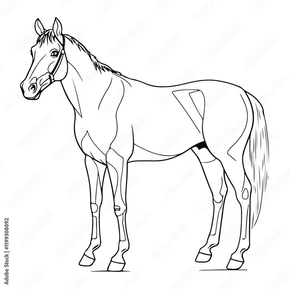 Obraz premium A black and white drawing of a Quarter Horse coloring page illustration.