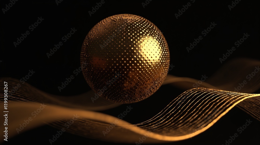 Fototapeta premium A golden sphere floats above smooth, wavy lines, set against a dark background, creating a mesmerizing visual.