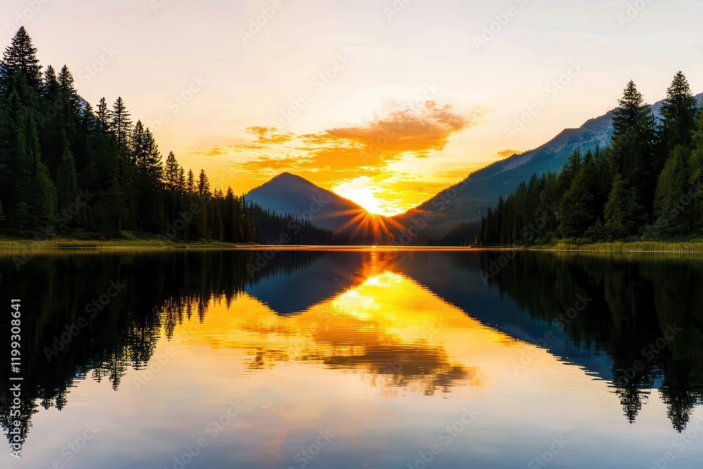 Fototapeta premium Run-down landscapes in a national park Scenic sunset reflecting on a tranquil lake surrounded by mountains.