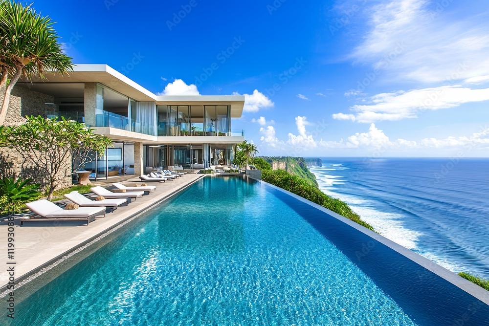 Fototapeta premium A luxurious modern villa perched on a cliffside overlooking a sparkling blue ocean under the midday sun. The sleek architecture features expansive glass walls and a long infinity pool