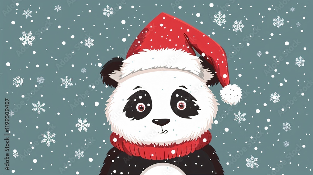 Festive Christmas Postcard Featuring a Cute Panda Wearing a Hat in Snow Festive Christmas Postcard Featuring a Cute Panda Wearing a Hat in Snow