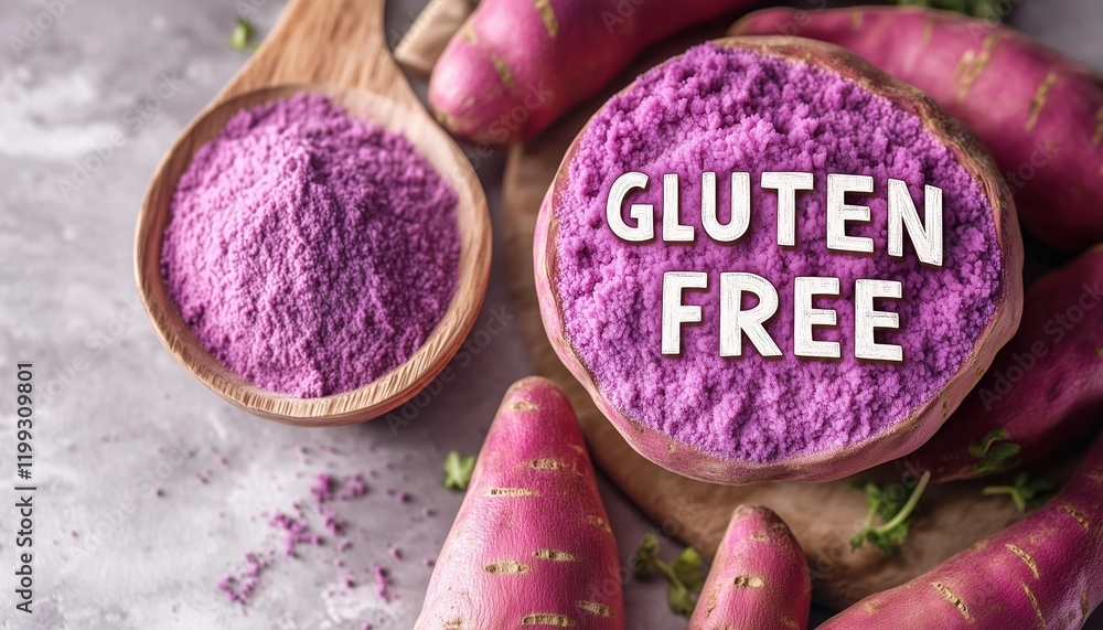 Gluten free purple sweet potato flour on bowl healthy ingredient for baking Gluten free purple sweet potato flour on bowl healthy ingredient for baking