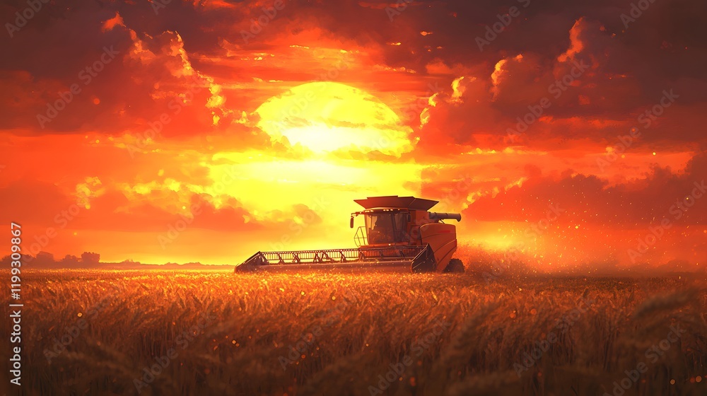 Fototapeta premium Harvest Combine Working Golden Sunset Field