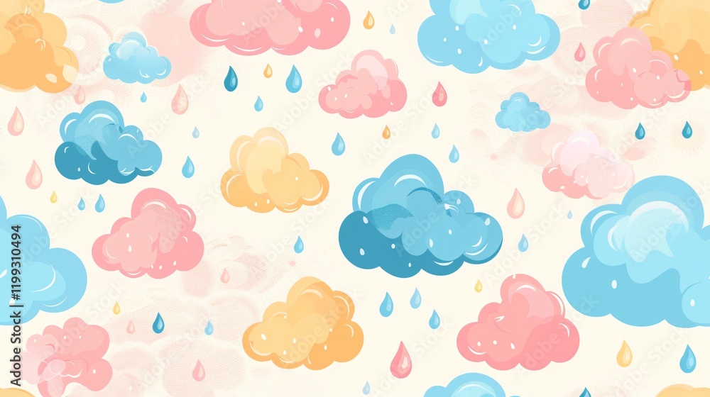 Vibrant Seamless Pattern with Colorful Clouds and Raindrops for Creative Design Projects