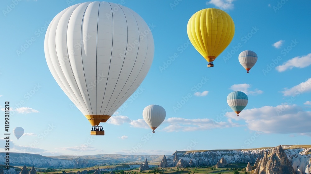 Fototapeta premium Colorful Hot Air Balloons Soaring Over Landscape