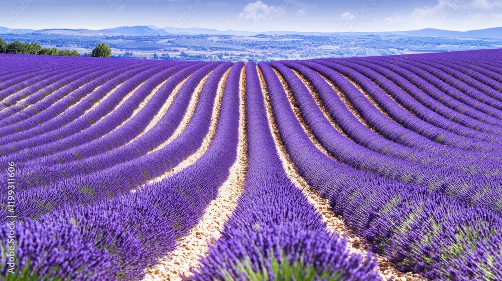 Expansive lavender field with vibrant purple rows and scenic backdrop. Expansive lavender field with vibrant purple rows and scenic backdrop.