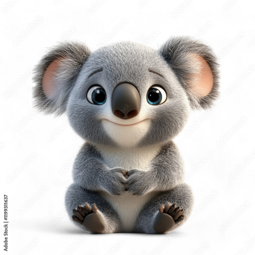 Fototapeta premium 3D Cartoon cute koala character sitting happily and looking friendly isolated on transparent background PNG