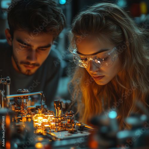 Young innovators creating a smart device, working together with tools and tablets. Bright lighting, contrast