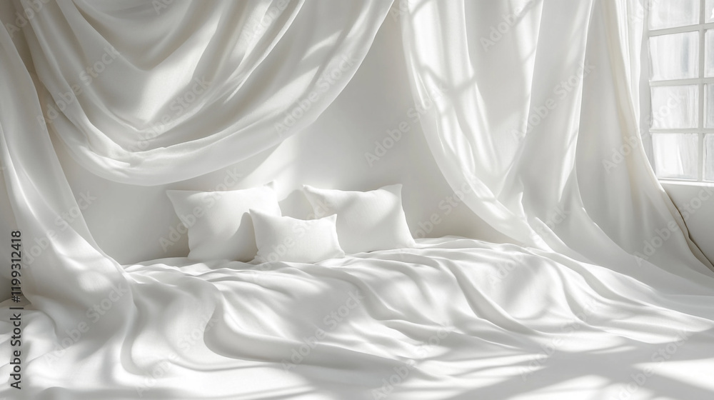 Soft white fabrics flowing gracefully in a sunlit room create a serene atmosphere Soft white fabrics flowing gracefully in a sunlit room create a serene atmosphere