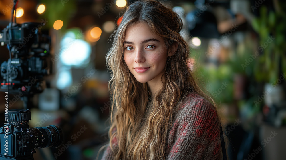 Young influencers creating content, with a camera, ring light, and laptop nearby. Bright lighting, contrast Young influencers creating content, with a camera, ring light, and laptop nearby. Bright lighting, contrast