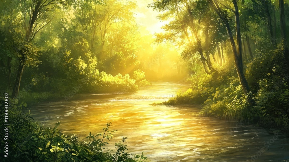 Golden Hour River in a Lush Forest Golden Hour River in a Lush Forest