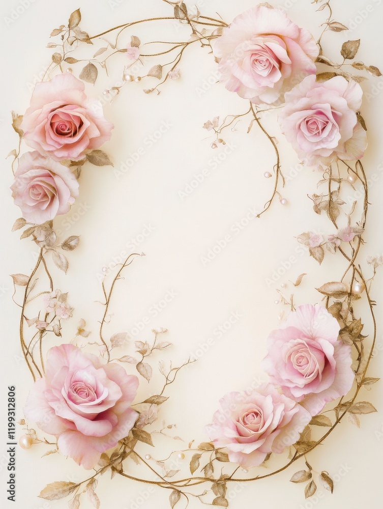 custom made wallpaper toronto digitalA romantic wedding invitation card with an elegant pink rose frame, featuring soft pastel pink roses arranged in a delicate, circular design around the edges. 