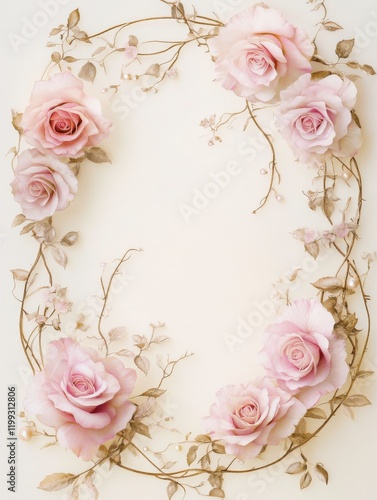 Wallpaper Mural A romantic wedding invitation card with an elegant pink rose frame, featuring soft pastel pink roses arranged in a delicate, circular design around the edges.  Torontodigital.ca