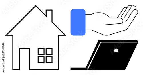 House, extended hand with blue sleeve, laptop. Ideal for remote work, home office, digital communication, online assistance, technology freelance work flexibility. Minimalist design abstract line