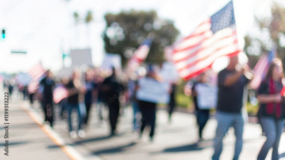 Fototapeta premium Patriotic March Blur: A blurred image of a patriotic march with people holding national flags and signs. 