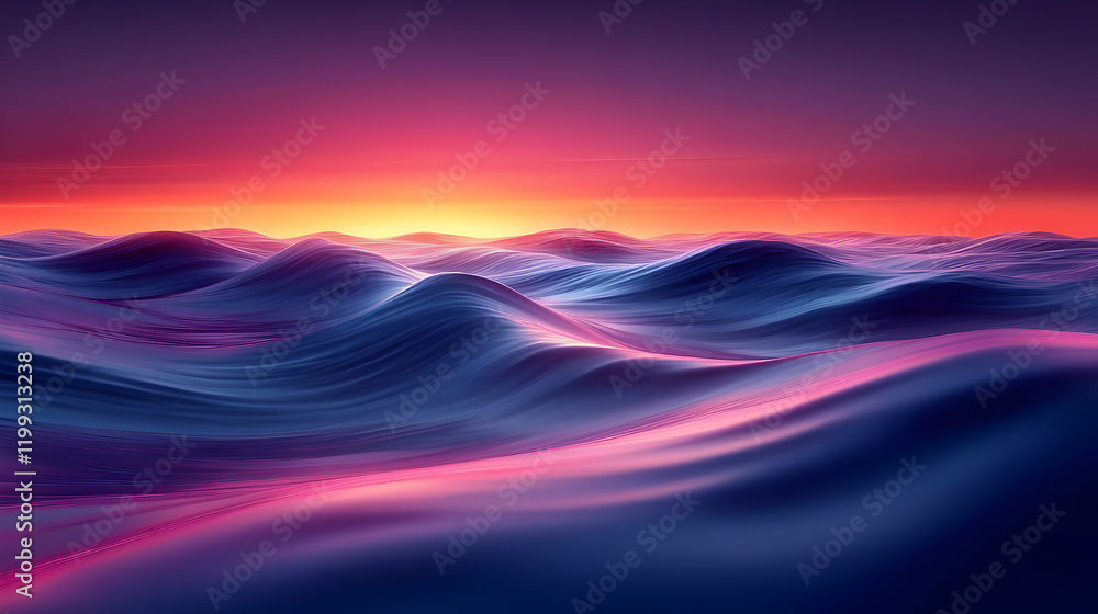 Vibrant Sunset Landscape with Abstract Waves and Hills