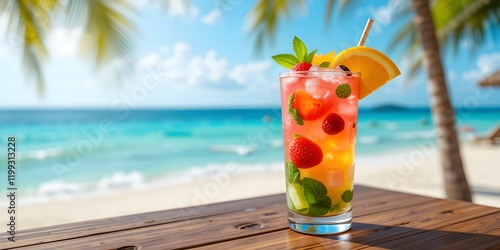  Vividly Colored Tropical Cocktail with Fresh Fruit Garnishes on a Wooden Table Overlooking a Bright Beach Scene