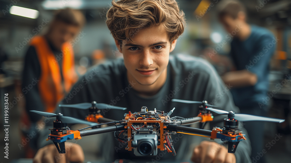 Teenagers building a drone using modern tools and software in a bright classroom. Bright lighting, contrast