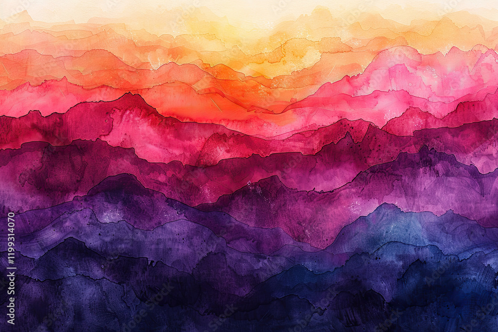 Rich layers of mountains transition through vibrant gradients of color, depicting a stunning sunset. The hues blend from warm oranges to deep purples, creating a serene atmosphere. Rich layers of mountains transition through vibrant gradients of color, depicting a stunning sunset. The hues blend from warm oranges to deep purples, creating a serene atmosphere.
