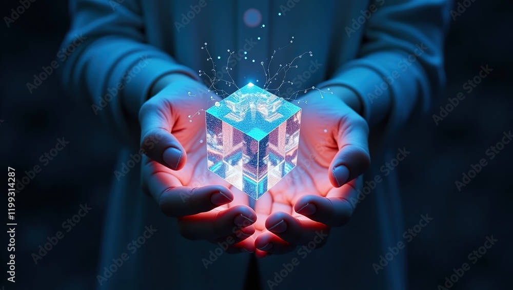 Two luminescent hands, tenderly cradling a gleaming digital cube, its facets reflecting a kaleidoscope of colors. Two luminescent hands, tenderly cradling a gleaming digital cube, its facets reflecting a kaleidoscope of colors.