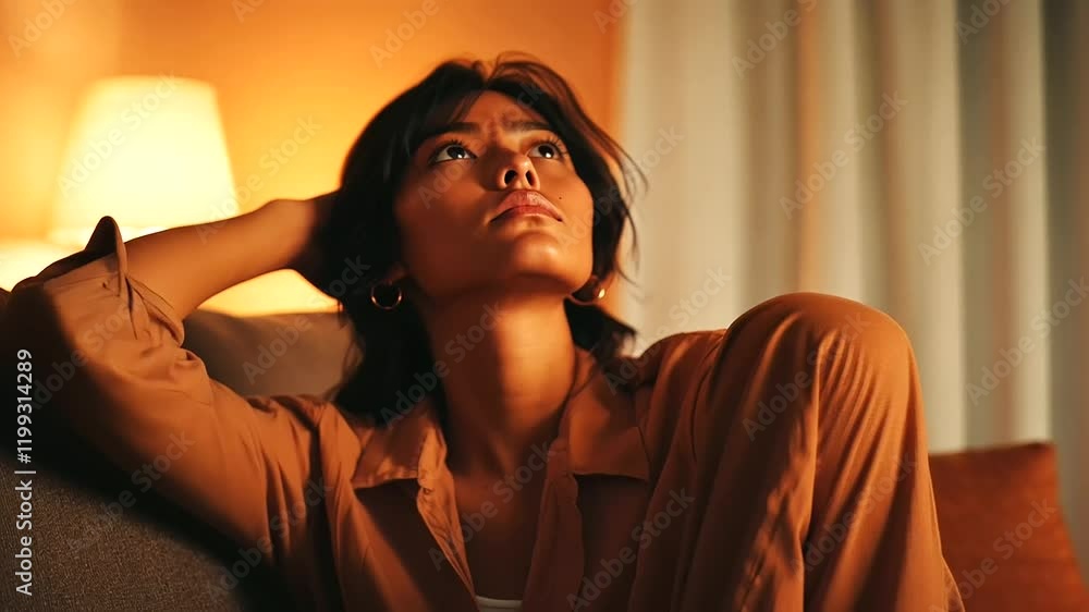 Young Asian Woman in Reflective Mood on Cozy Couch