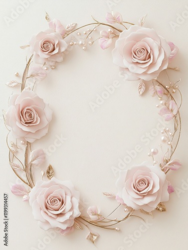 Wallpaper Mural A romantic wedding invitation card with an elegant pink rose frame, featuring soft pastel pink roses arranged in a delicate, circular design around the edges.  Torontodigital.ca