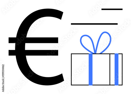 Large black Euro currency symbol next to a gift box wrapped with a blue ribbon. Ideal for gifting, finance, celebrations, holiday shopping, charitable donations, incentives, and economic concepts