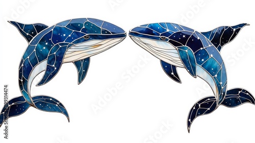 This stained glass artwork showcases two celestial whales in a yin-yang-inspired composition.  photo