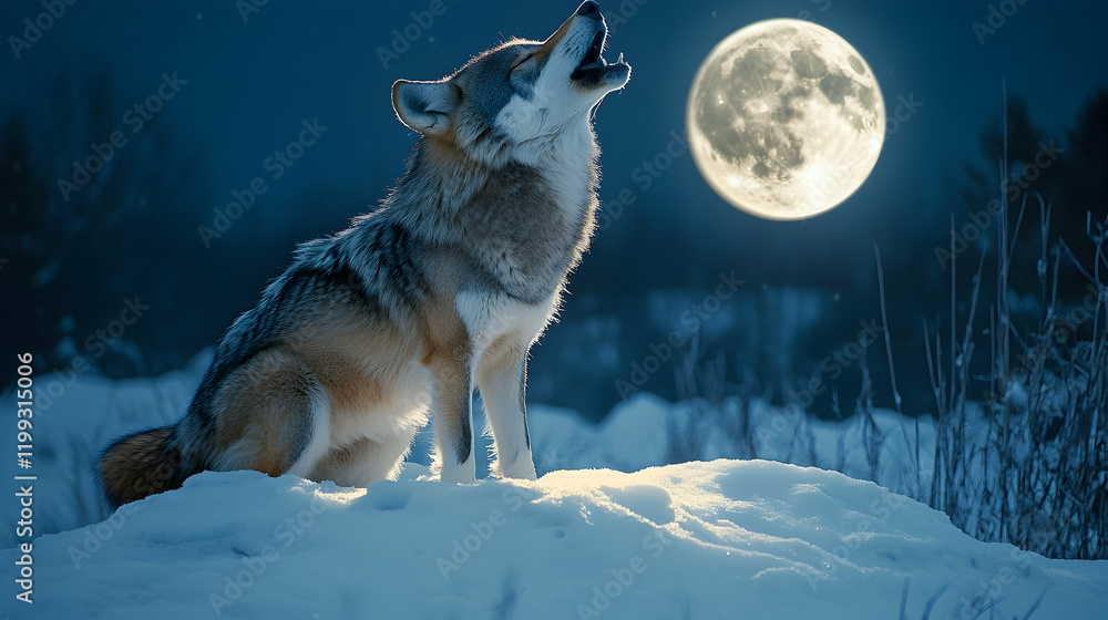 Naklejka premium Majestic wolf howling on a snow-covered hill under a full moon with glowing light on its fur and sharp textures