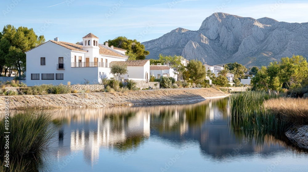 Fototapeta premium Scenic view of a river reflecting a white house and mountains.