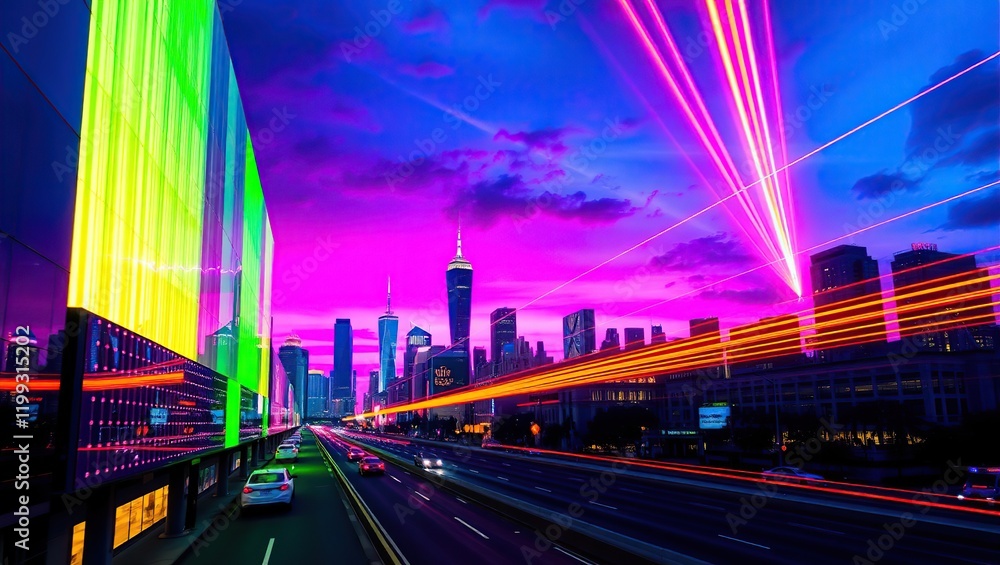 Fototapeta premium A vibrant and futuristic cityscape at dusk, illuminated by a mesmerizing array of neon colored lights evoking a sense of dynamism, energy, and technological advancement.