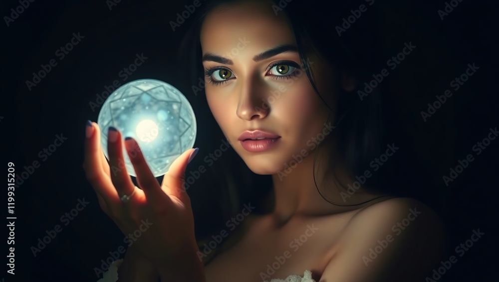 Naklejka premium Young woman, touches a luminescent, crystal-like ball, evoking an otherworldly atmosphere.