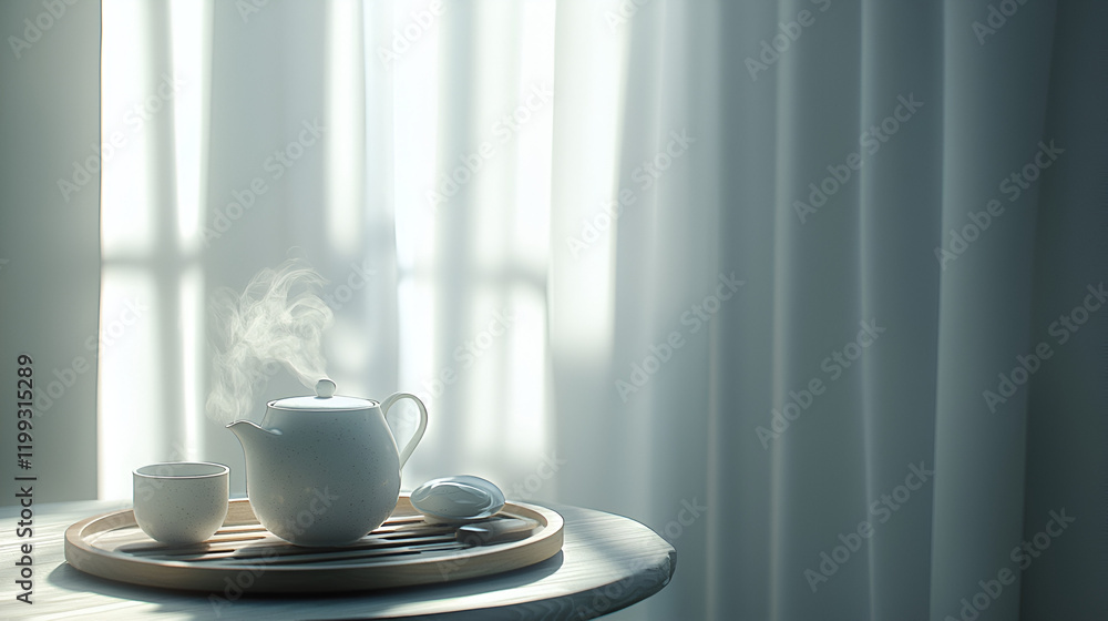 Serene morning tea: steaming teapot and cup on a wooden tray by a sunlit window. Serene morning tea: steaming teapot and cup on a wooden tray by a sunlit window.