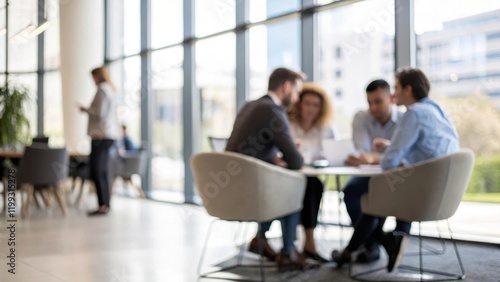 Business Team in Modern Office: A blurred image of a business team collaborating in a contemporary office setting.	
